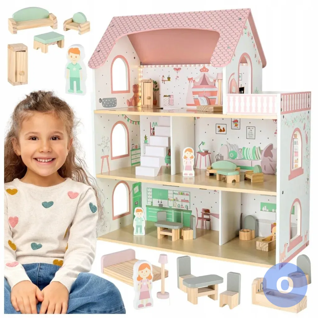 Duży drewniany domek dla lalek z LED i mebelkami 70 cm — zdjęcie 1